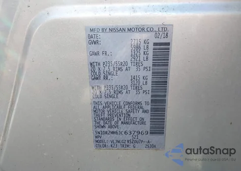 2018 Nissan Pathfinder Sl из США, поврежденный, VIN 5N1DR2MM6JC637969